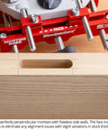 Close-up of the Ultra Premium Adjustable Dual Fence Mortise Base for Plunge Routers with 3/8 guide rods and mortise.