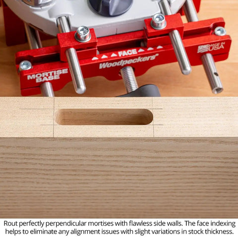 Close-up of the Ultra Premium Adjustable Dual Fence Mortise Base for Plunge Routers with 3/8 guide rods and mortise.