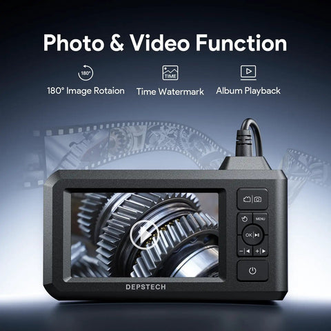 Dual Lens 1080P Endoscope Camera with light 4.3 inch IPS display showing detailed gear inspection photo