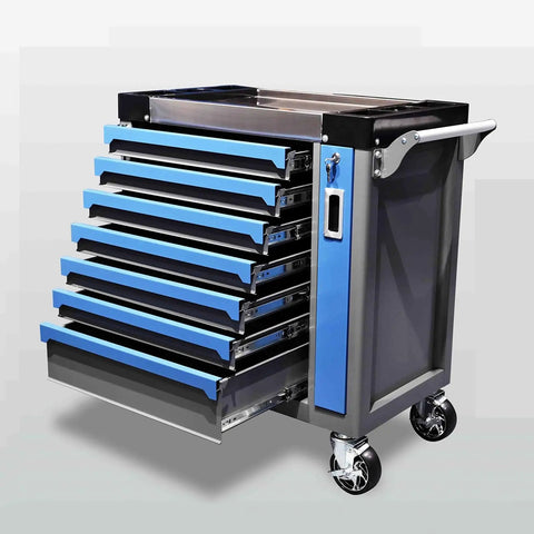 7 Drawer Rolling Tool Cart With Wheels For Warehouse And Workshop, steel mobile tool chest with open drawers, side view