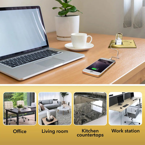 20A Tamper-Resistant Receptacle Floor Box with Flip Lid and Brass Cover in office workspace with laptop and smartphone charging