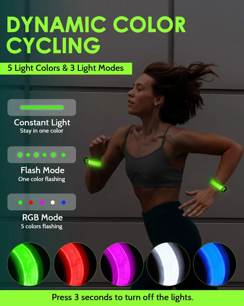 Rechargeable LED Armband Set For Night Safety, 2 Pack High Visibility Slap Wristbands in green while running