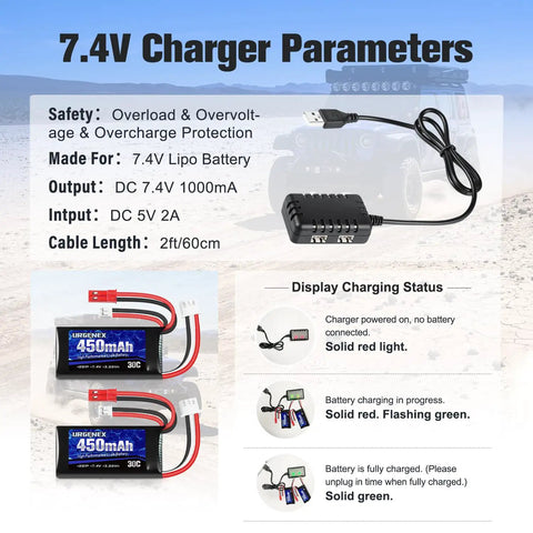 7.4V 450mAh 2S LiPo Battery With JST And PH2.0 Plugs, 30C Discharge, USB charger, charging status display shown