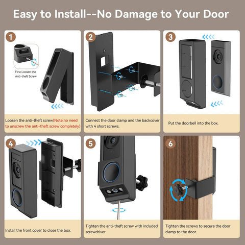 Installation steps for Anti Theft Video Doorbell Mount For E340 Camera No Drill Adjustable Mounting Bracket Holder Accessories For Doorbell Mount Easy Install Fits Inward Opening Doors Ideal For Apartments And Home Rentals Black