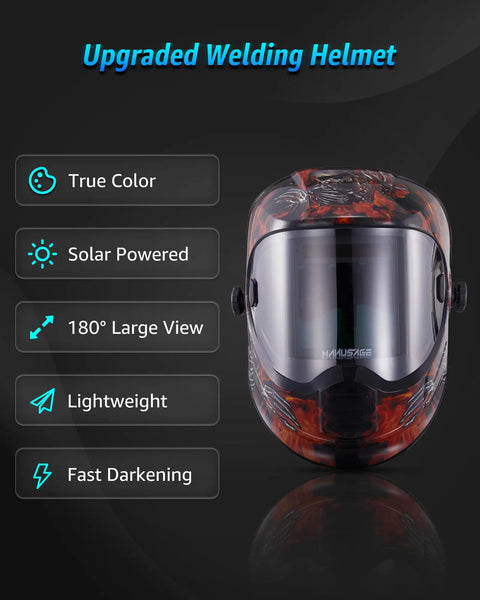 Panoramic View Auto Darkening Welding Helmet with Solar Power and Four Arc Sensors, true color shades, 180° view, upgraded design