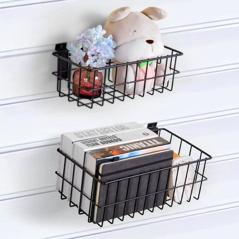Two black metal slatwall baskets holding items; part of Four Piece Large Slatwall Baskets Set Ventilated Metal Pegboard Baskets for PVC Slatwall Panels Hangin Storage for Garage Organization and Display Black