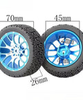 Four Piece Metal Wheel Rim Set For RC Cars One Tenth Scale Compatible With HSP FW06 D4 D3 WL144001 MJX 16207 And Other Popular Models Durable Alloy Wheels For Strong Grip On Road And Off Road, two blue alloy wheel rims with measurements.