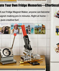 DIY Fridge Magnet Maker Kit 2.5 By 2.5 Inch on table with photo magnets displayed on fridge and wall
