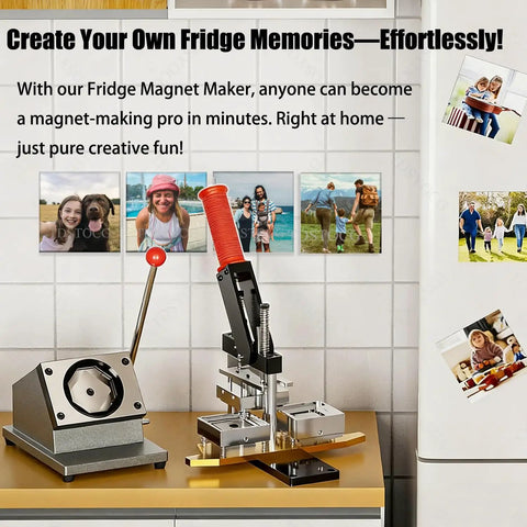 DIY Fridge Magnet Maker Kit 2.5 By 2.5 Inch on table with photo magnets displayed on fridge and wall