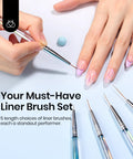 Applying polish with 5 Pcs Nail Art Liner Brush Set With Metal Handles For Long Lines And Fine Details In 7mm 11mm 15mm 20mm And 25mm Sizes.