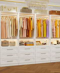 Sleek Walk In Closet System Featuring Eight Adjustable Hanging Rods And Twelve Durable Pull Out Drawers For A Hella Smart Modular Layout That Doubles As A Clean Game Changer For Tight Living Spaces, showcasing dresses and storage.