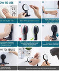 Steps showing how to install 2 Pack Suction Cup Shower Razor And Bathroom Accessory Holder, illustrating cleaning wall, attaching, and reusing.