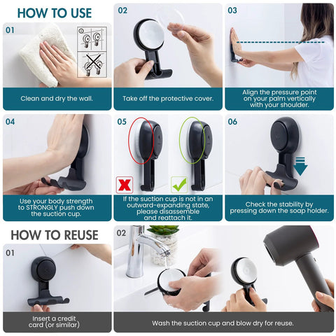 Steps showing how to install 2 Pack Suction Cup Shower Razor And Bathroom Accessory Holder, illustrating cleaning wall, attaching, and reusing.