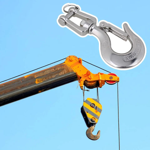 American Style 304 Stainless Steel Swivel Lifting Hook With Safety Latch on crane hoisting heavy loads.