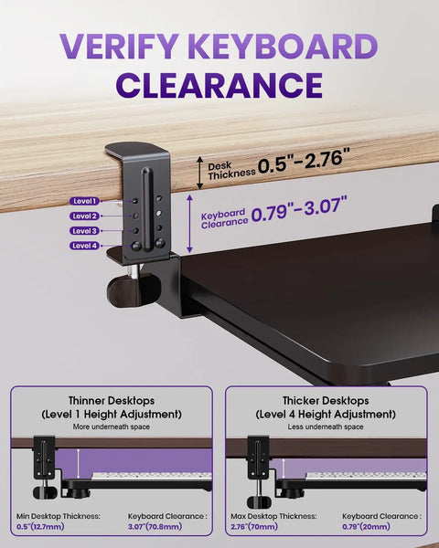 Illustration of adjustable clamp range for Under Desk Keyboard And Mouse Tray With Pull Out Slide, demonstrating desk thickness and clearance.