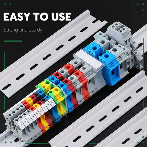 15 Piece Slotted Aluminum DIN Rail Kit For Electrical Enclosures 6 Inch Long 35mm Wide 7 5mm High shown with colorful wire terminals