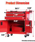 Heavy Duty Steel Tool Cart On Wheels, Red Rolling Tool Chest With Lockable Double-Door Cabinet And Two Drawers, Anti-Slip Rubber Top Mat