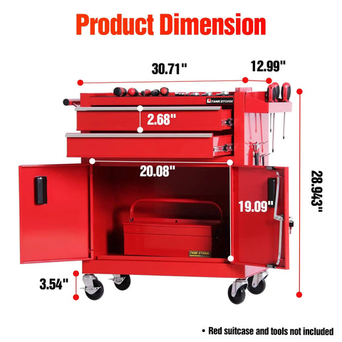 Heavy Duty Steel Tool Cart On Wheels, Red Rolling Tool Chest With Lockable Double-Door Cabinet And Two Drawers, Anti-Slip Rubber Top Mat