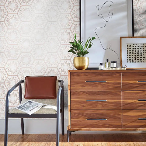 Living room with Metallic Autumn Bronze Hello Sunshine Peel And Stick Wallpaper Removable Self Adhesive Honeycomb Geometric Design.