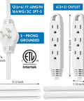 Diagram of a 12ft Twin Extension Cord Power Strip with 6 outlets on each side, flat head plug and ETL Listed badge, white color.