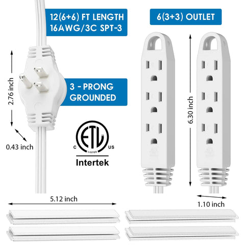 Diagram of a 12ft Twin Extension Cord Power Strip with 6 outlets on each side, flat head plug and ETL Listed badge, white color.