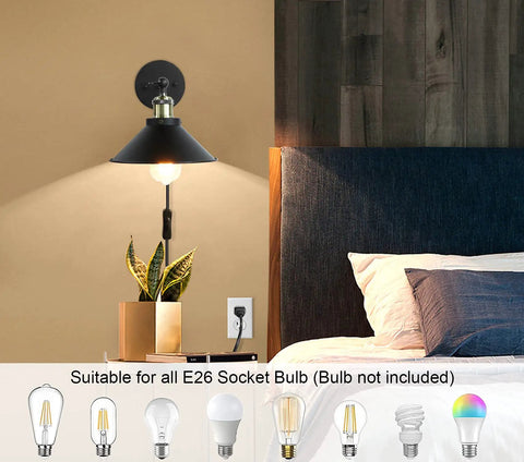 Industrial Swing Arm Wall Lamps With Plug In Cord And On Off Switch Matte Black Wall Sconces For Bedroom Bathroom Porch Kitchen Living Room E26 Base UL Listed 60W Max Three Pack