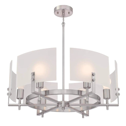 Enzo James Brushed Nickel Six Light Indoor Chandelier With Frosted Glass showcasing modern design for dining room or living space.