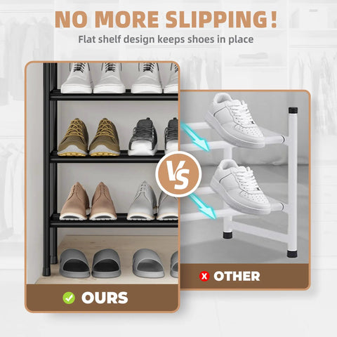 Comparison of expandable metal shoe rack space saver with four tiers, flat shelf design versus traditional rack, preventing shoe slipping