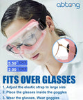 Over Glasses Safety Goggles With Anti Fog Clear Lens for Lab Work, showing adjustment strap and fit over standard eyewear.