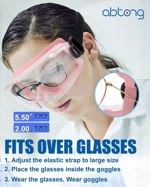 Over Glasses Safety Goggles With Anti Fog Clear Lens for Lab Work, showing adjustment strap and fit over standard eyewear.
