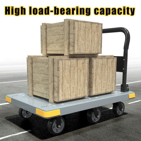 Foldable Heavy Duty Platform Cart With 1764 Pound Capacity carrying wooden crates on six wheels, gray with reinforced base.