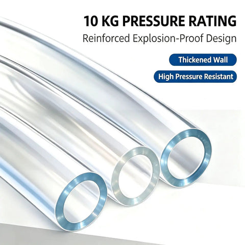 High Pressure PU Air Hose Built As A Workhorse With Hella Kink Resistance And A Slick Flexible Design Delivering Tough Oil Resistant Durability Alongside Massive Long Rolls Ready For Any Shop Task - three clear high pressure rated hoses with thickened walls.