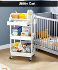 Utility cart in nursery with shelves stocked with baby supplies, featuring 4 inch caster wheels set of four with locking threaded stem.