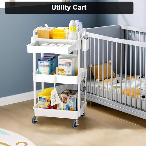 Utility cart in nursery with shelves stocked with baby supplies, featuring 4 inch caster wheels set of four with locking threaded stem.
