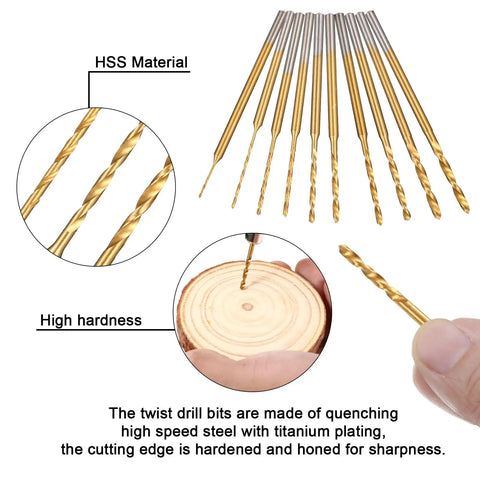 10 small drill bits for jewelry making, part of the 3 Speed Cordless Mini Drill Pen USB Rechargeable DIY Electric Hand Drill Kit.