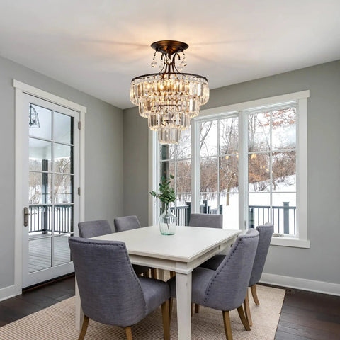Dining room with Black Crystal Round Chandelier 15.35 Inch Diameter 5 Light Showpiece Statement Piece Modern Antique Semi Flush Mount