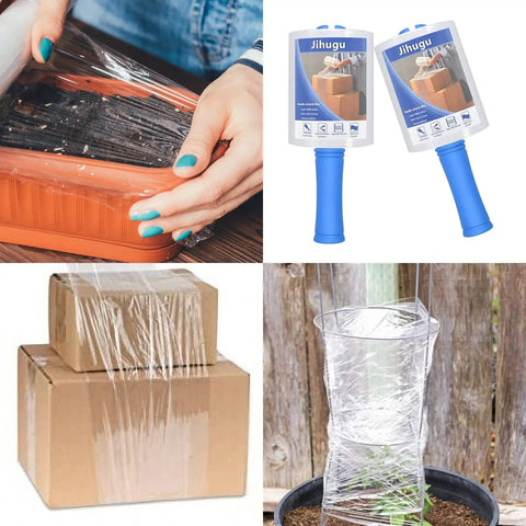 Two Pack Heavy Duty Stretch Wrap Film With Easy Spin Winding Handle And 80 Gauge Self Adhesive Pallet Rolls in use for packaging.