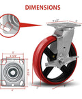 Heavy Duty 8X2 Inch Caster Wheels Set Of 4 With 6000Lb Capacity, Polyurethane Tread Crowned On Cast Iron Core, side view with dimensions