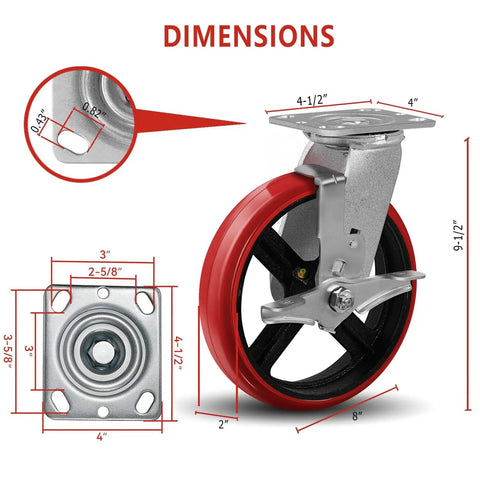 Heavy Duty 8X2 Inch Caster Wheels Set Of 4 With 6000Lb Capacity, Polyurethane Tread Crowned On Cast Iron Core, side view with dimensions