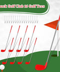 8 red golf clubs with 16 white tees illustrated in a set against a golfing background