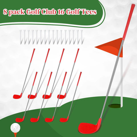 8 red golf clubs with 16 white tees illustrated in a set against a golfing background