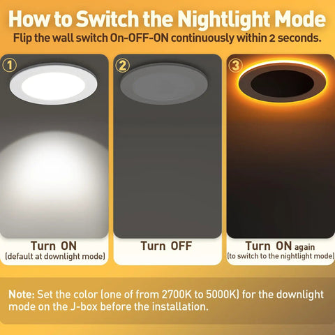 Instruction guide showing light modes for Six Pack Ultra Thin Canless LED Recessed Downlights 6 Inch Dimmable With Night Light Mode.