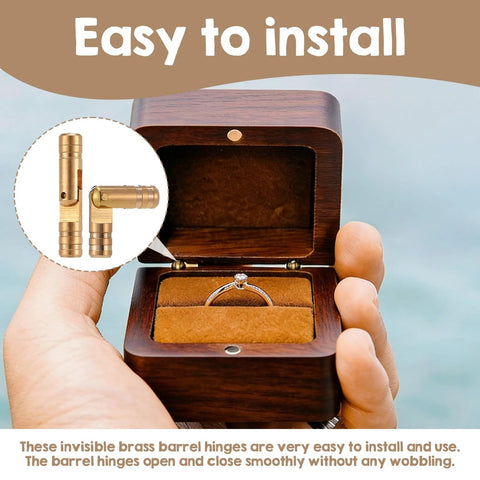 Hidden Brass Barrel Hinges Set, 25 Pieces, 20x4mm Invisible Concealed Cylinder Hinges on a jewelry box