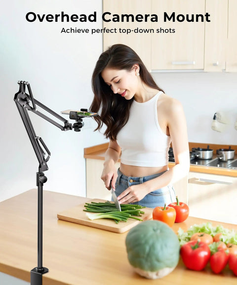Built Different Overhead Camera Mount With Flexible 360 Ball Head Boom Arm capturing top-down cooking shots in a kitchen.