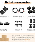 List of accessories for Portable Car Lift 7000 Lbs Heavy Duty Quick Jack including extension boards, hydraulic tubes, wheels, columns, and mats.