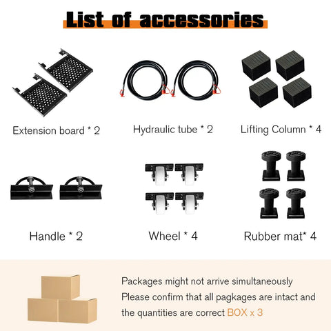List of accessories for Portable Car Lift 7000 Lbs Heavy Duty Quick Jack including extension boards, hydraulic tubes, wheels, columns, and mats.
