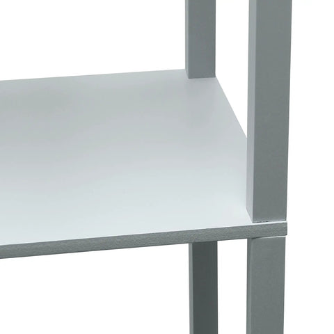 Close-up of gray shelf from Gray Etagere Floor Lamp With 3 Shelves, 2 USB Ports, 1 Charging Outlet, Linen Shade