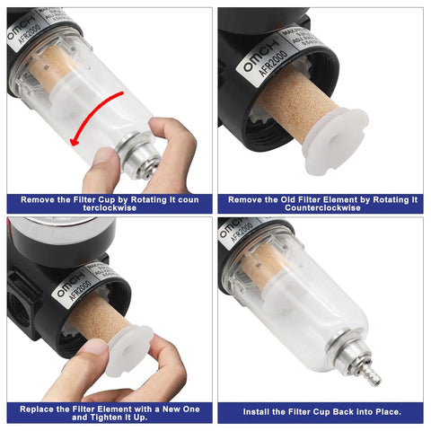 1/4 Inch NPT AFR2000 Air Compressor Filter Regulator Combo With Water Oil Separator and Brass Element Replacement Steps