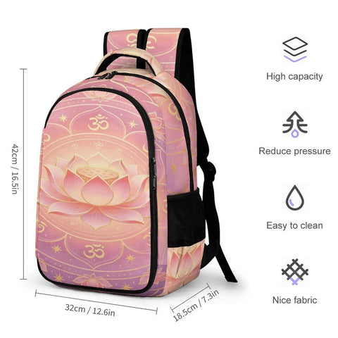 Om Sacred Lotus Mandala Art Backpack, large capacity, durable polyester, pastel design, unisex use, side pockets visible