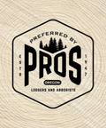 Logo with text 'Preferred by Pros, Oregon, Loggers and Arborists, Estd 1947' featuring trees in black hexagon on wood texture background.
